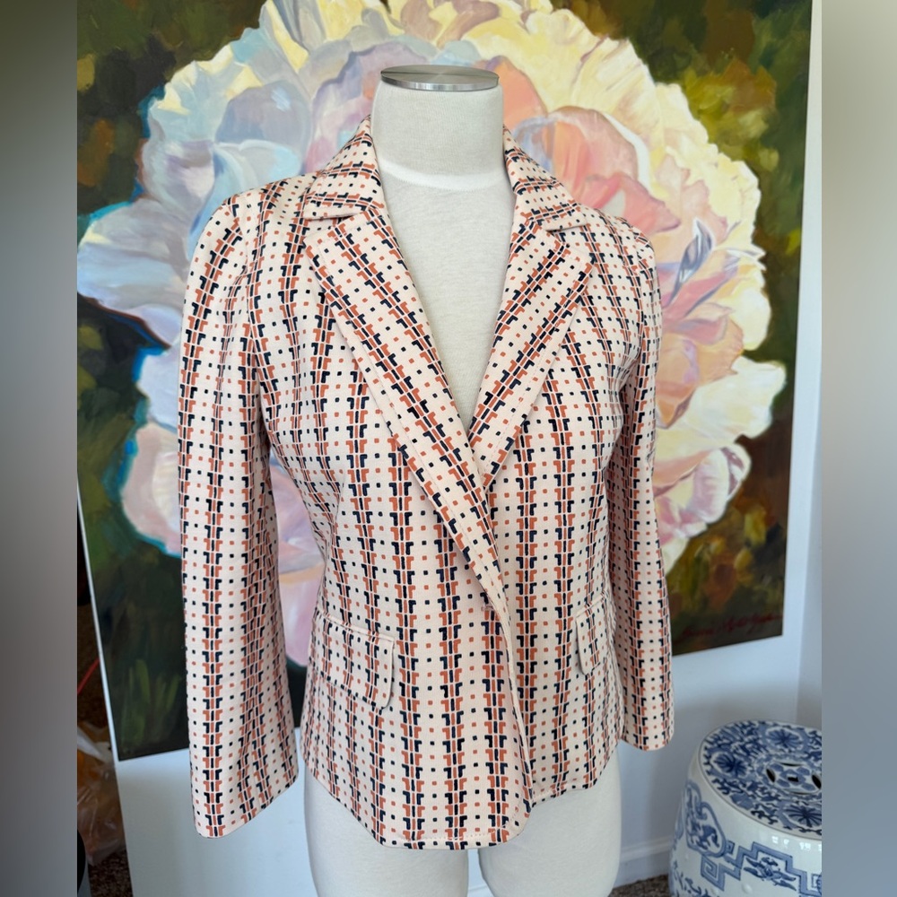 Tory Burch Printed Cropped Jacket in Cream with Navy Size M